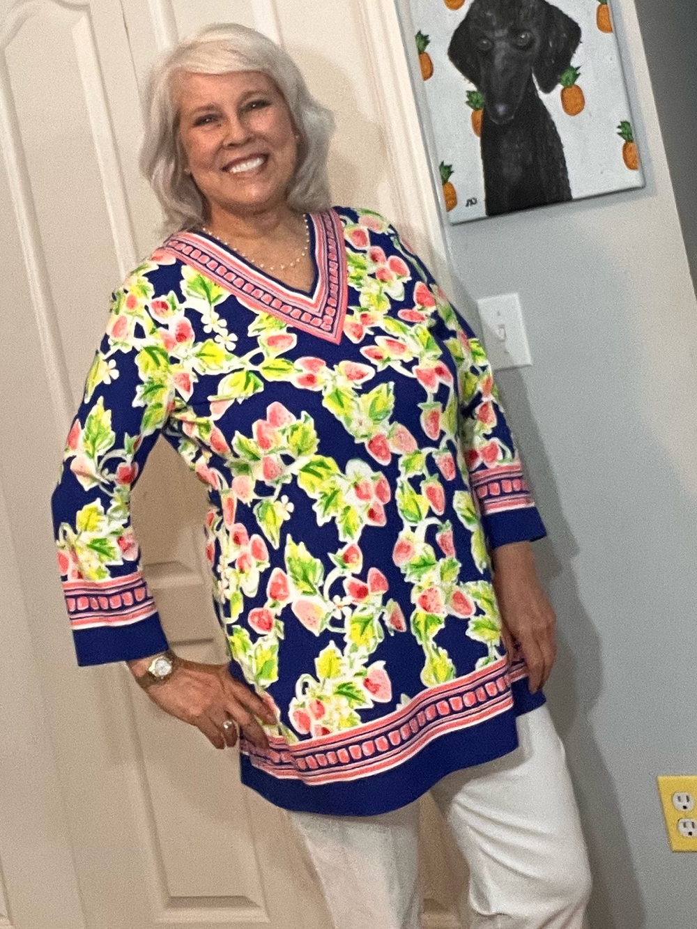 Barbara Erickson Strawberry Print Tunic Top Size XL NWT 3/4 Sleeve V-Neck